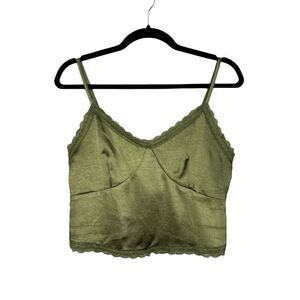 Willow & Root Women’s Medium Tank Top Green Satin Ruched Lace V-Neck